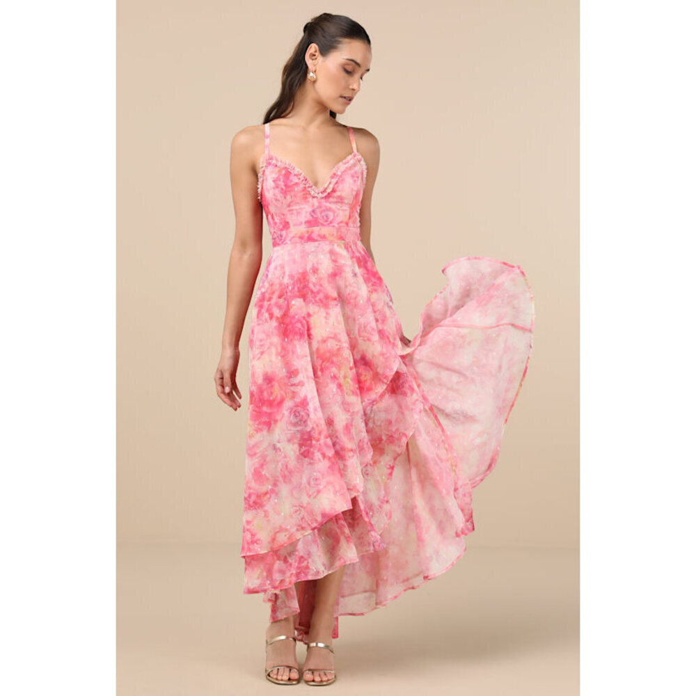 Lulus Desdra Pink Floral Ruffled Tiered High-low Maxi Dress - Size L